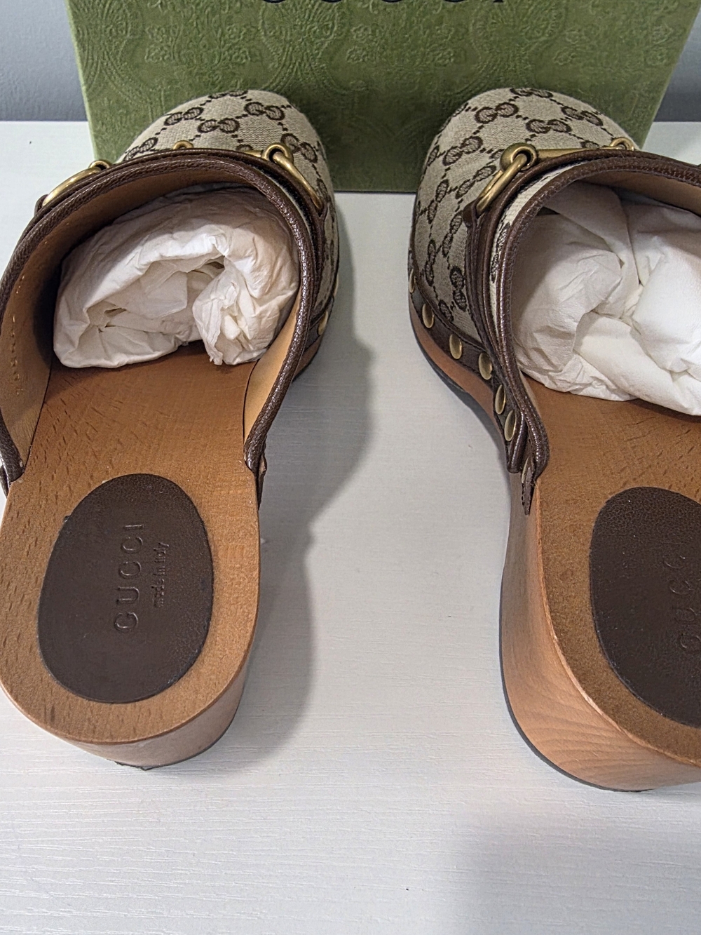 Gucci Beige & Brown GG Canvas Studded Clog - Picture 5 of 16